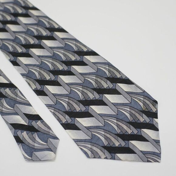 Albert Nipon Abstract Geometric Silver‎ Blue Jacquard Print Short Wide Silk Tie - Picture 1 of 7